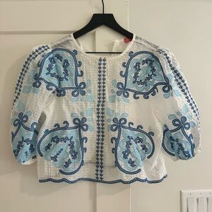 THML White Blouse with Blue Embroidery